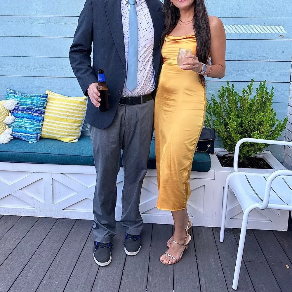 Mustard yellow silk midi dress